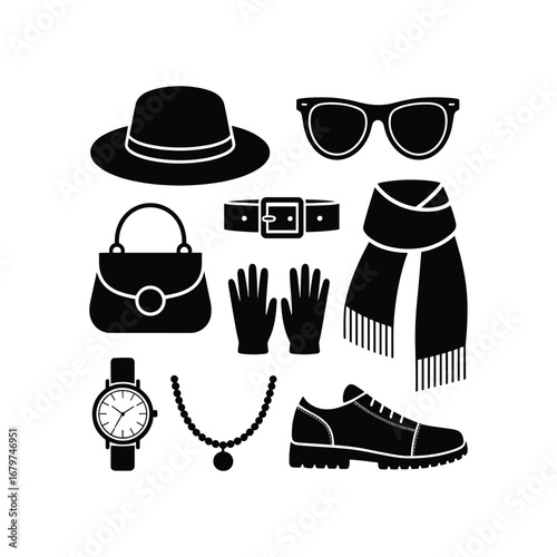 Chic fashion ensemble silhouette icons featuring hat handbag sunglasses belt gloves scarf watch necklace and shoe