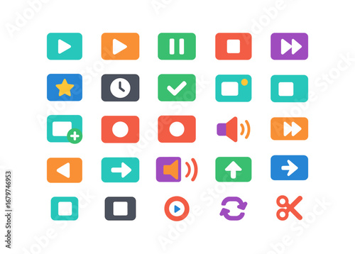 colorful flat vector icons Video (Basic) video icon video play video pause video video rewind video forward video new video old video valid video invalid video active video inactive video.