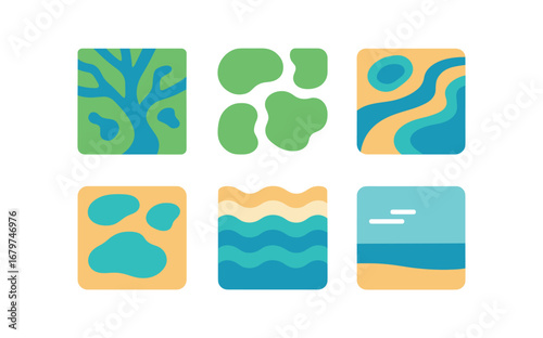 vector colorful flat filled icons estuary (aerial): branching waterways green marshes sandbanks shallow pools tide lines open horizon.