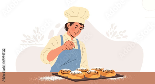 Baker Sprinkling Powdered Sugar on Freshly Baked Cinnamon Rolls for Sweet Indulgence