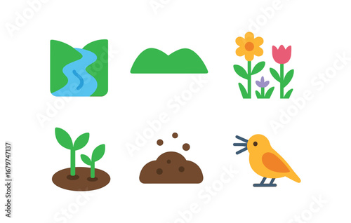 vector colorful flat filled icons gully (spring): trickling stream green banks wildflowers fresh shoots soft soil bird calls.