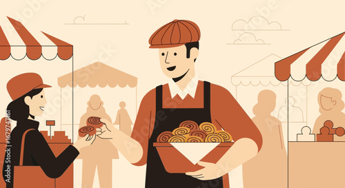 Bakers Selling Fresh Goods At Market, Illustration of Food and Community, Shopping Concept