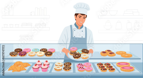 Bakery chef preparing donuts in a display case filled with baked goods