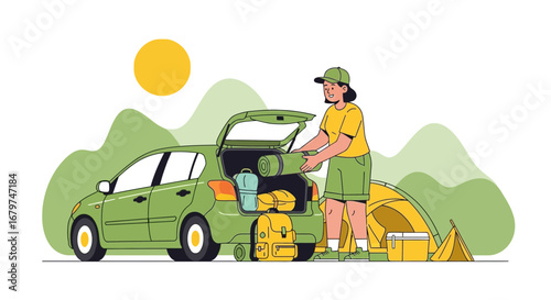 Camping Lifestyle Illustration: A Woman Unpacking a Car for a Wilderness Adventure