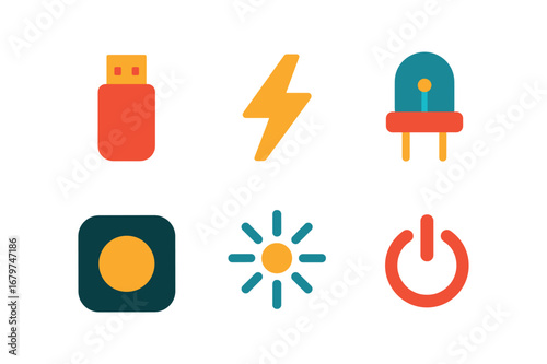 vector colorful flat filled icons flash (technology): flash drive flash icon LED light device indicator signal burst power button.