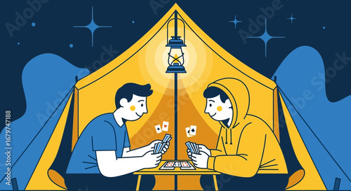Camping Night: Friends Play Cards Under Tent, Illuminated For Leisure Activity