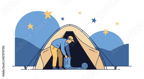 Camping Night Preparation: A Person Sets Up Tent Under a Starry Sky Adventure