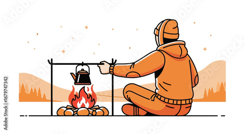 Camping scene illustration depicts a person cooking over a campfire in the wilderness