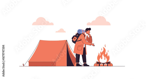 Camping scene depicting a person near a tent and campfire in a natural outdoor environment
