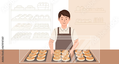 Bakery Worker Showcasing a Fresh Assortment of Sweet Pastries and Baked Goods