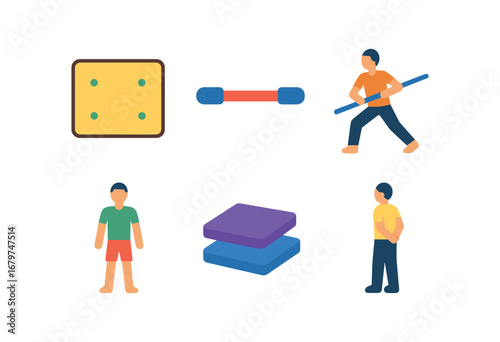 vector colorful flat filled icons staff twirling (training): practice area padded staff focused stance casual wear mats instructor watching.