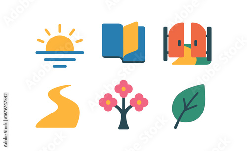 vector colorful flat filled icons second chapter phase (symbols): sunrise turning page open gate new path blooming tree fresh leaf.