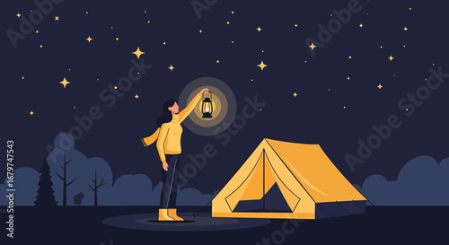 Camping Under a Starry Sky with a Lantern Illumination and Atmospheric Tent Scene