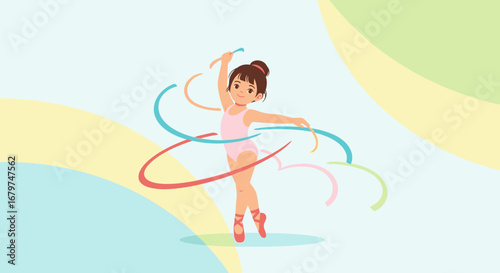 Ballet Dancer Dancing Gracefully with Ribbons on Colorful Abstract Background