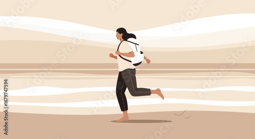 Barefoot Jogger With A Backpack Races Across The Sandy Beach, Embracing Freedom and Adventure