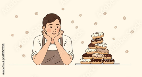 Barista Contemplates Tower Of Baked Goods And Coffee Beans In Delightful Illustration