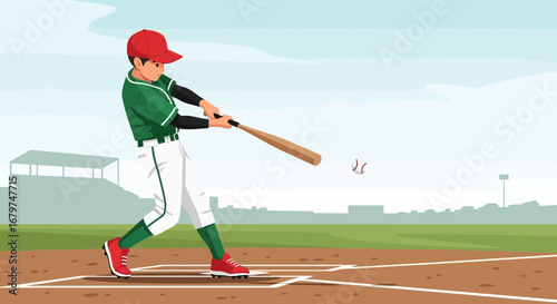 Baseball player in action swinging bat and hitting ball during game illustration