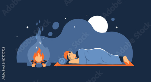 Camping under the stars illustration featuring a person sleeping near a warm campfire