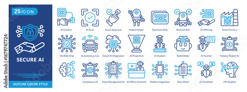 Secure AI icon set collection in outline color style. an icon pack contain Data Server,Network,AI,Assistant,Integration,Data Sheet,Translator,VR Headset,AI Control