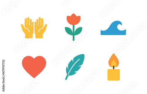 vector colorful flat filled icons tenderness (symbols): open hands blooming flower gentle wave heart shape soft feather candle flame.