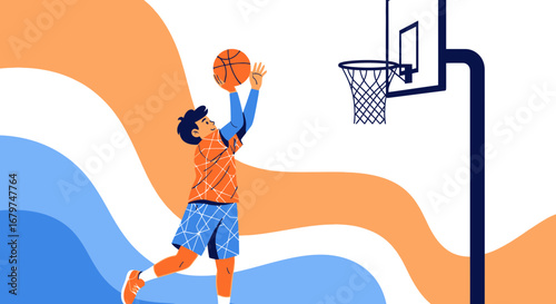 Basketball Action: Youth Athlete Shooting Ball Towards Hoop During A Game Play Scene