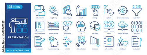 Presentation icon set collection in outline color style. an icon pack contain backup,feedback,evaluation,bid data,bug fixing,ai,result,rating,options