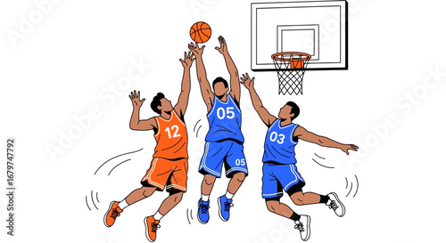 Basketball Action: Illustrative Depiction of Players Competing for The Ball on The Court