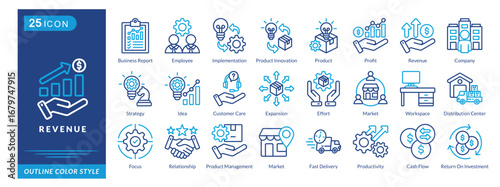 Revenue icon set collection in outline color style. an icon pack contain Product,Profit,Revenue,Company,Strategy,Idea,Customer Care,Expansion,Effort,Market,Workspace,Relationship