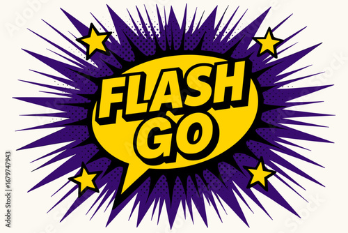 FLASH bold loud flat vector speech bubble with the text 'FLASH ' inside bold letters with black outline surrounded by shiny stars placed on vibrant purple burst with halftone rays flat.