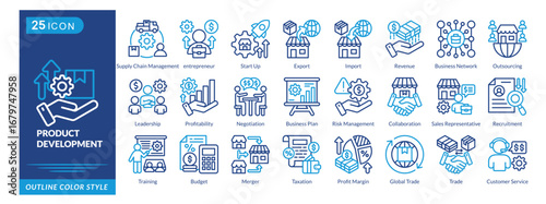 Product Development icon set collection in outline color style. an icon pack contain Ecommerce,Supply Chain,Management,entrepreneur,Start Up,Export,Import,Revenue,Outsourcing,Leadership