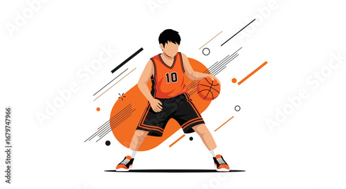 Basketball Player Dribbling In A Modern Style Vector Illustration With Geometric Elements