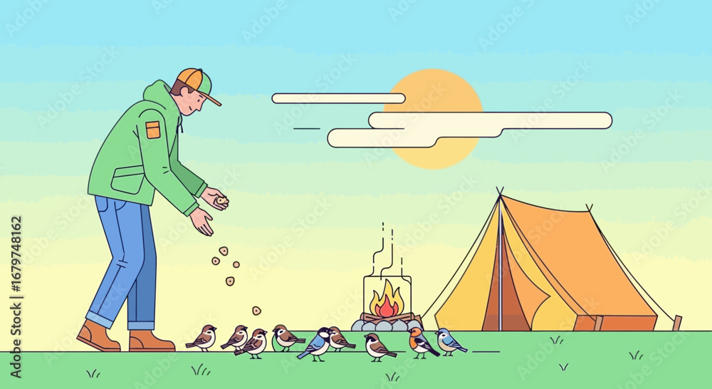 Obraz premium Caring Individual Feeding Birds Near Camp In Illustrated Scene During A Sunny Day