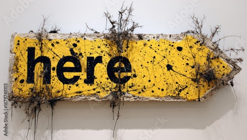 A weathered, yellow directional sign, reading 