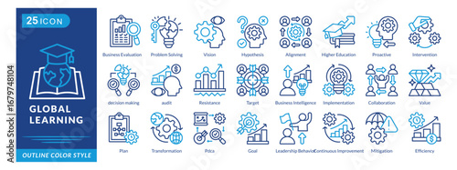 Global Learning icon set collection in outline color style. an icon pack contain Hypothesis,Alignment,Proactive,Intervention,decision making,audit,Resistance,Target,Pdca,Implementation