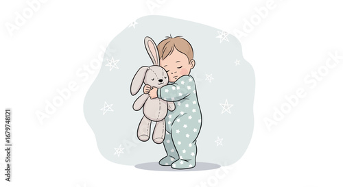 Caring Baby Embracing Stuffed Animal Toy Creating Artistic Calm And Peaceful Scene