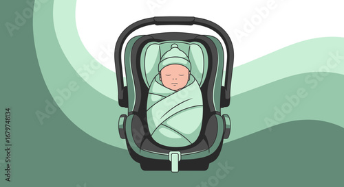 Careful Newborn Transported in Its Protective Car Seat with Pastel Green Background