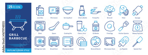 Grill Barbecue icon set collection in outline color style. an icon pack contain Frying Pan,Broccoli,Meat,Sausage,Oven,Spoon,Cooking Pot,Cherry Juice,Oil Bottle,Fried Egg