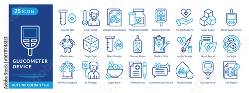 Glucometer Device icon set collection in outline color style. an icon pack contain Glucose Test,Fever Check,Diabetic Consultation,Glucometer Device,Health Support,Sugar Cubes