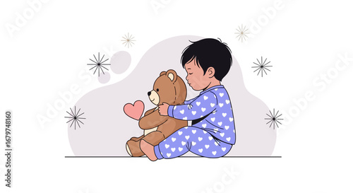 Caring Child Hugging Teddy Bear Manifesting Pure Love And Unconditional Sentiment