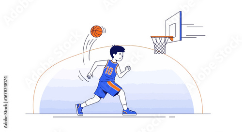 Basketball Player Shooting a Ball Towards the Basket in an Illustrated Style