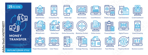 Money Transfer icon set collection in outline color style. an icon pack contain Bank Monitor,Contactless Pay,Wallet App,Card PIN Entry,Mobile Exchange,Cash Statement,Credit Dashboard