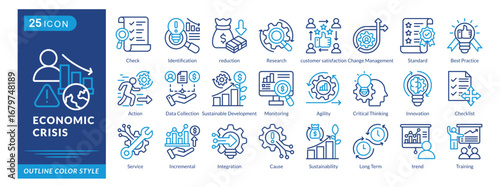 Economic Crisis icon set collection in outline color style. an icon pack contain Innovation,Checklist,Service,Incremental,Integration,Cause,Sustainability,trend,Training,Check