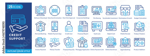 Credit Support icon set collection in outline color style. an icon pack contain Software Download,Data Synchronization,Credit User,File Sharing,Credit Support,Digital Cash,Money Transfer