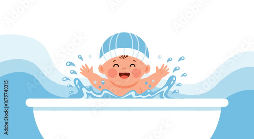 Bathing Baby Happy In Blue, Fun Time Playing and Joying the Water Bathing
