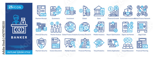 Banker icon set collection in outline color style. an icon pack contain Banker,Ecommerce,Investment,Global,Bank,Financial Growth,Digital Safe,Payment Security,Market Analysis