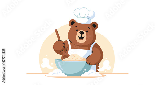 Cartoon Bear Baker Making Delicious Food In A Bowl With Whimsical Illustration