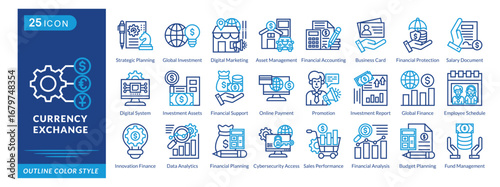 Currency Exchange icon set collection in outline color style. an icon pack contain Strategic Planning,Global Investment,Digital Marketing,Asset Management,Financial Accounting