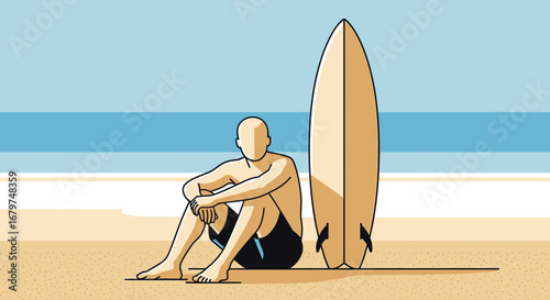 Beach Relaxation: Surfer Resting Beside Surfboard, Peaceful Seaside Illustration