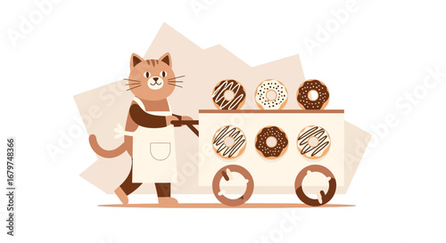 Cartoon Cat with Donuts Cart: A Delightful Illustration for Sweet Treats and Food