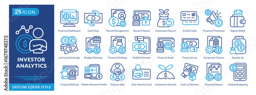 Investor Analysis icon set collection in outline color style. an icon pack contain Secure Finance,Credit Cards,Currency Exchange,Budget Planning,Cash Flow,Audit,Financial Loss,Savings Jar